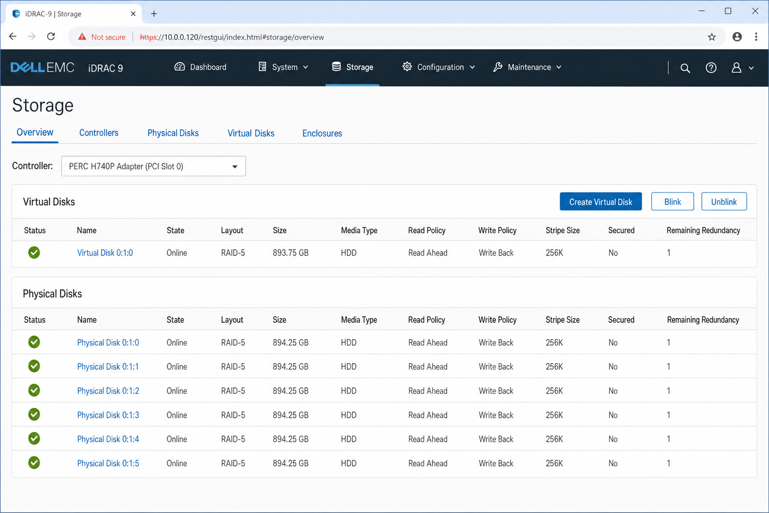 iDRAC Storage overview page showing PERC controller, virtual disk list with RAID level and status, and physical disk inventory with health status indicators