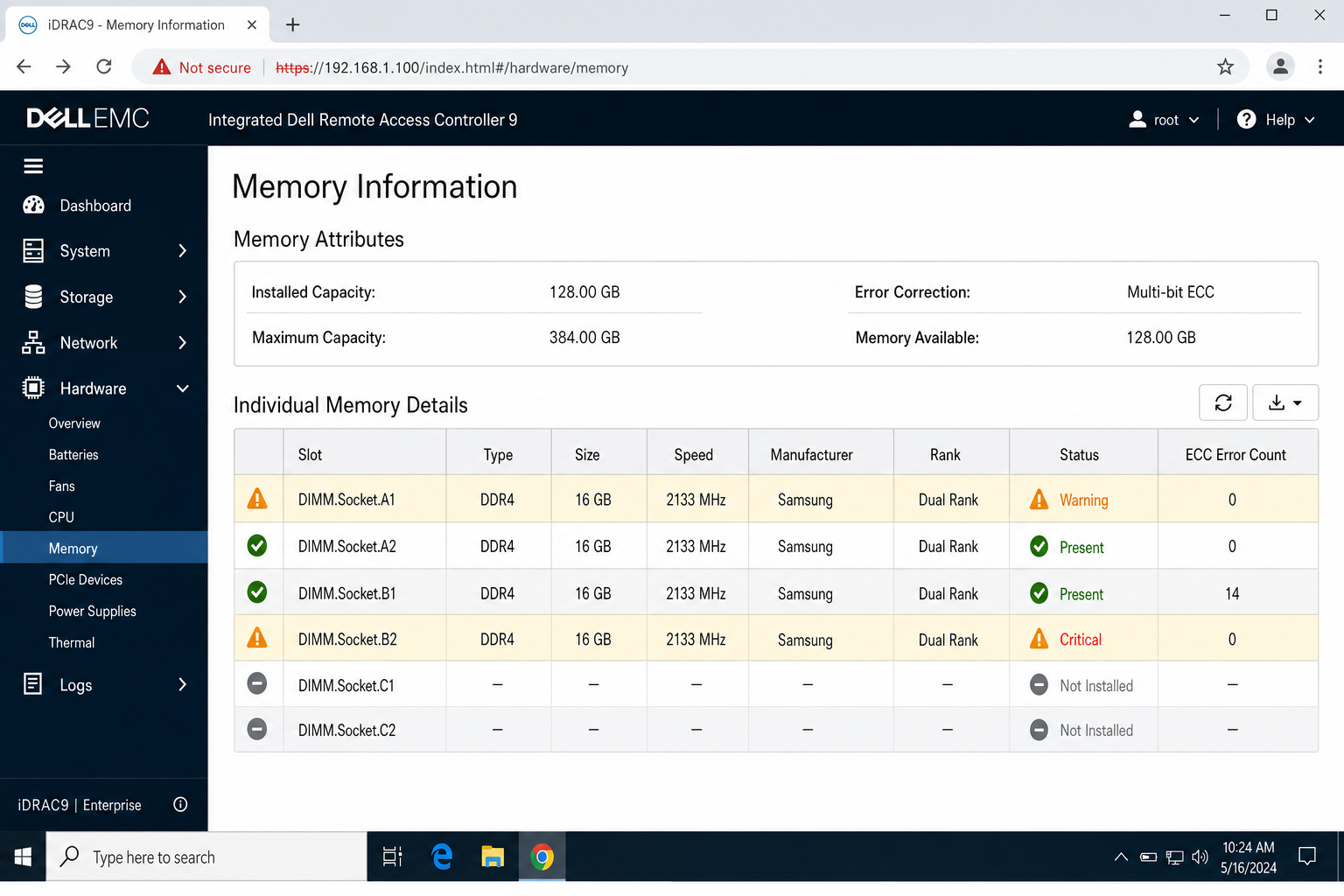 iDRAC Memory health page showing DIMM slot inventory table with slot identifiers A1/A2/B1 etc., installed capacity, status, and ECC error count columns