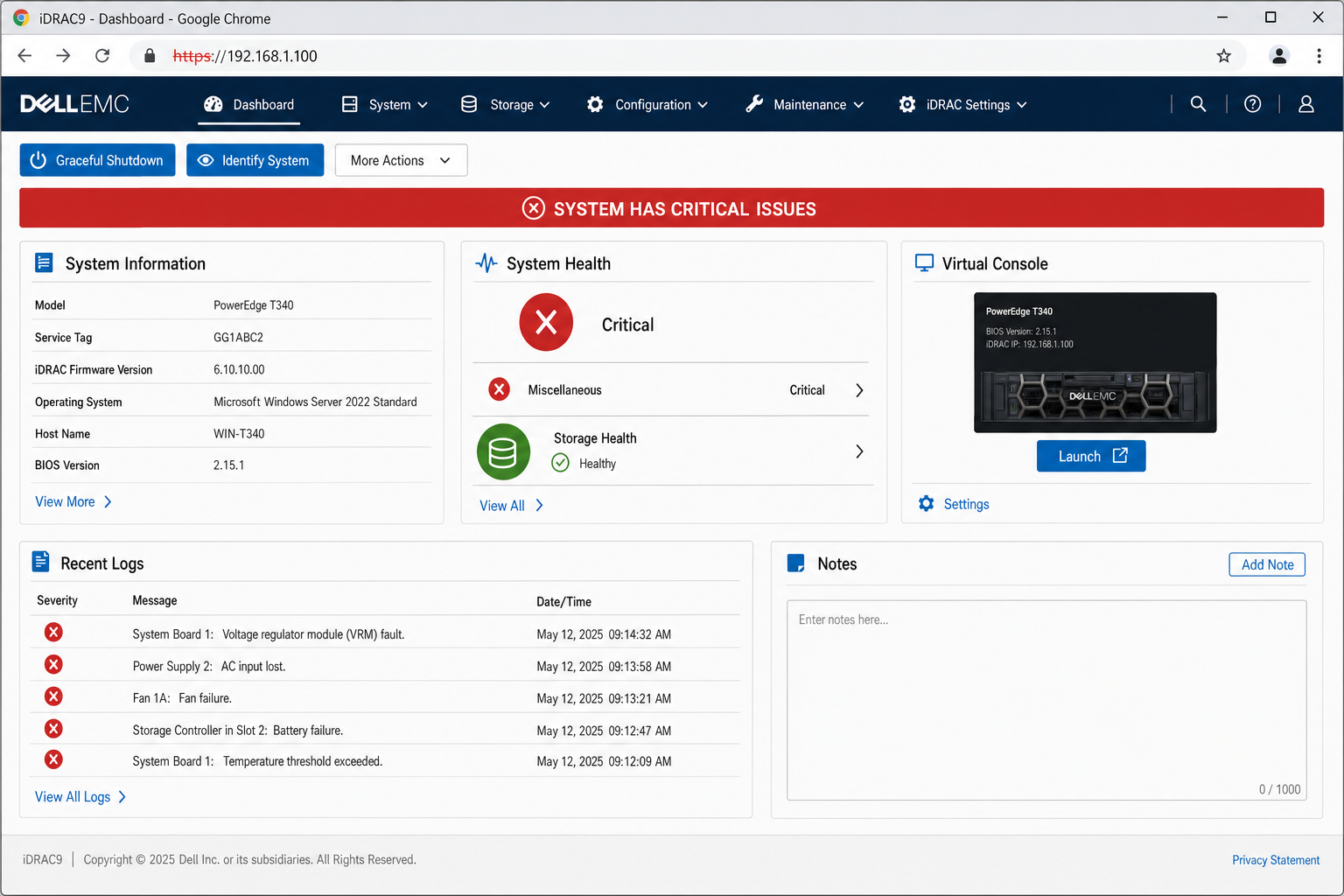 iDRAC 9 main Dashboard showing hardware health summary with System, Storage, and Network status indicators in the characteristic iDRAC 9 web UI layout