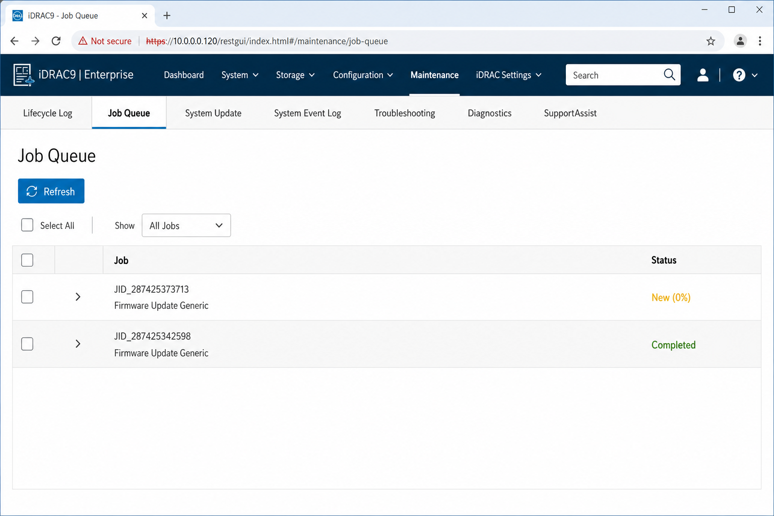 iDRAC Job Queue page showing firmware update jobs with status column displaying Scheduled/Running/Completed/Failed states and percentage completion