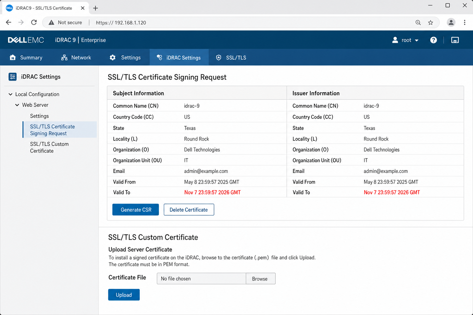 iDRAC SSL Certificate management page showing certificate expiry date, Generate CSR button, and Upload Server Certificate section