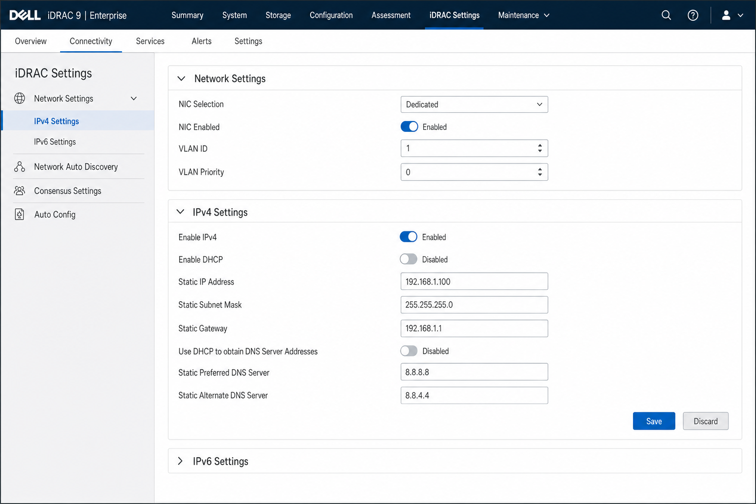 iDRAC Settings Network configuration page showing NIC Selection dropdown, IPv4 static IP fields, VLAN ID field, and DNS configuration options