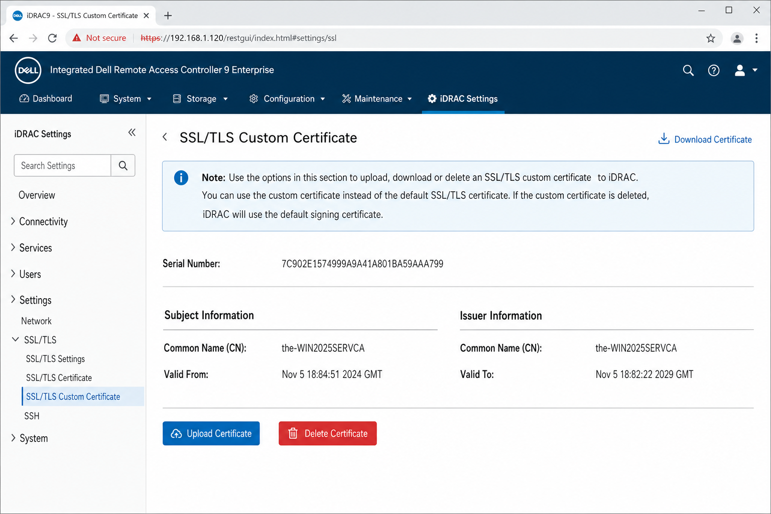 iDRAC 9 web UI SSL certificate expiry details under Web Server settings
