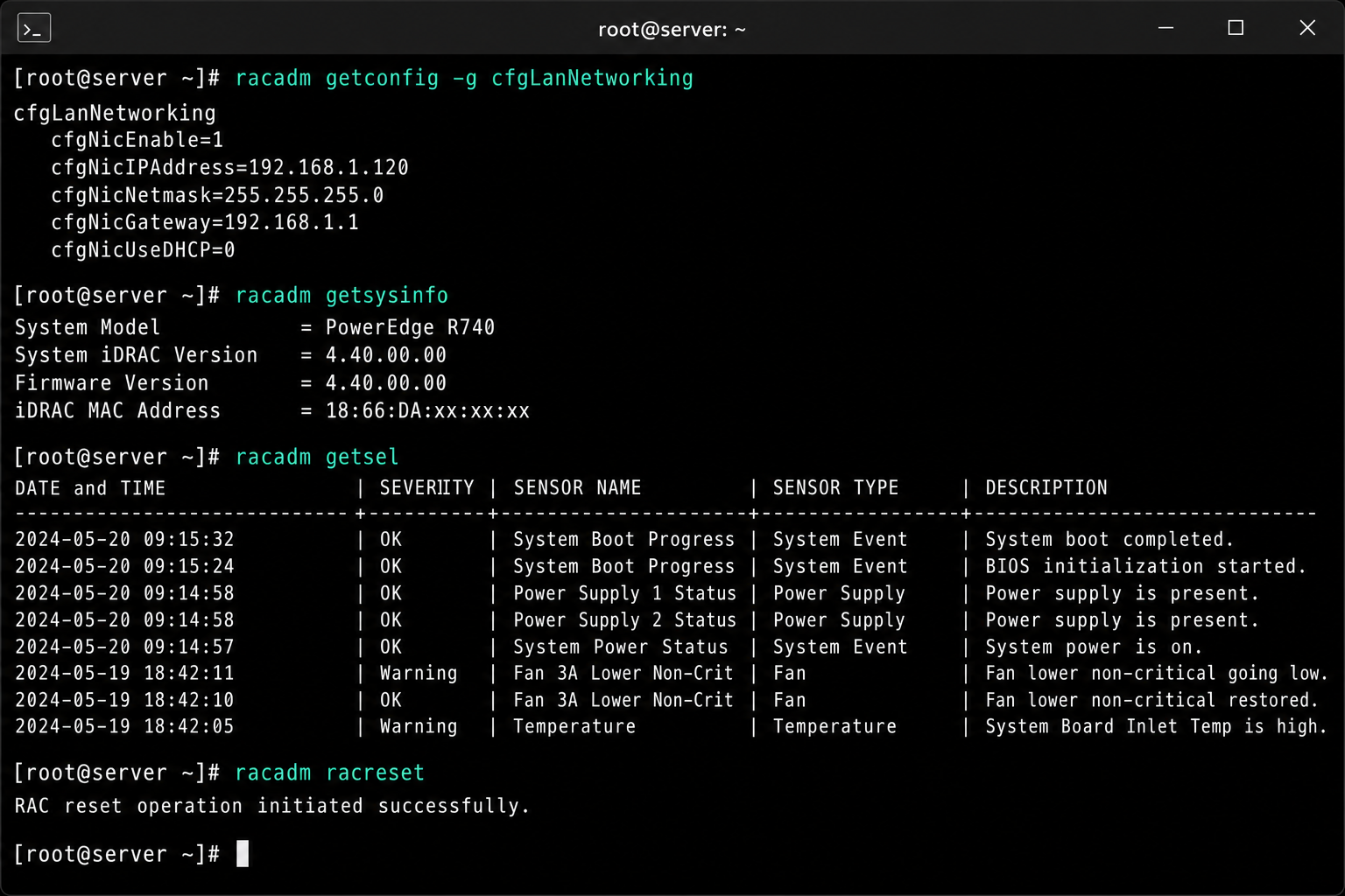 Terminal window showing multiple RACADM commands with output on Linux
