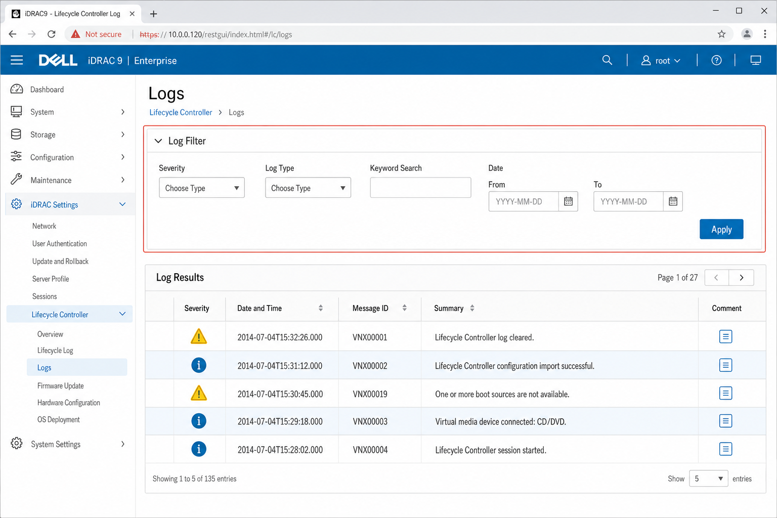 iDRAC Lifecycle Controller Log page showing event log table with Timestamp, Severity, Message ID, and Description columns, with filter bar and Export Log button visible