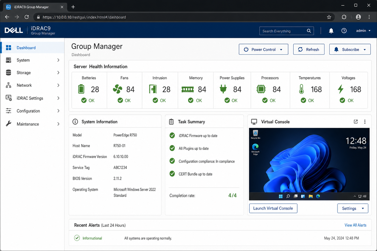 iDRAC Group Manager page showing group enrollment interface or fleet health summary view with aggregated server health status across enrolled PowerEdge nodes