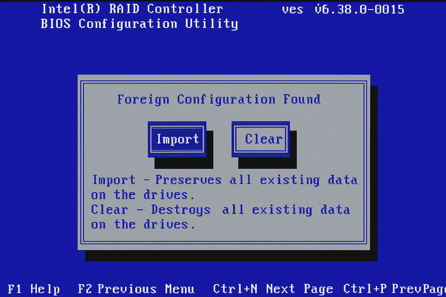 RAID controller BIOS showing foreign configuration import/clear options with data preservation warnings