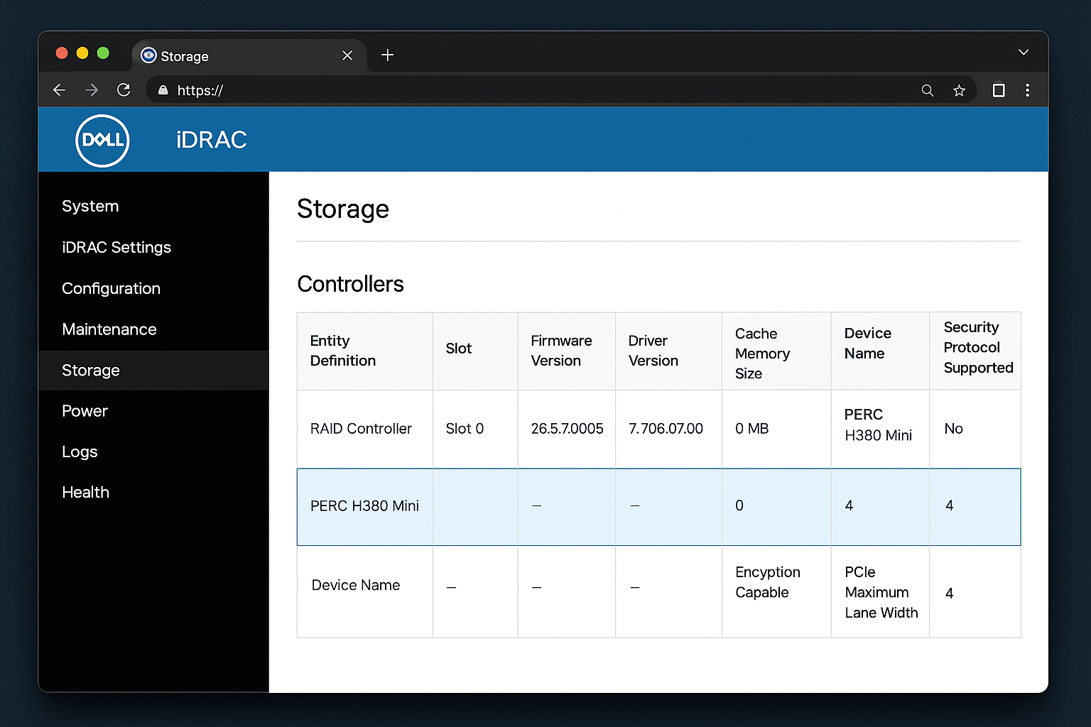 iDRAC storage management interface showing RAID controller status and configuration options with controller model highlighted
