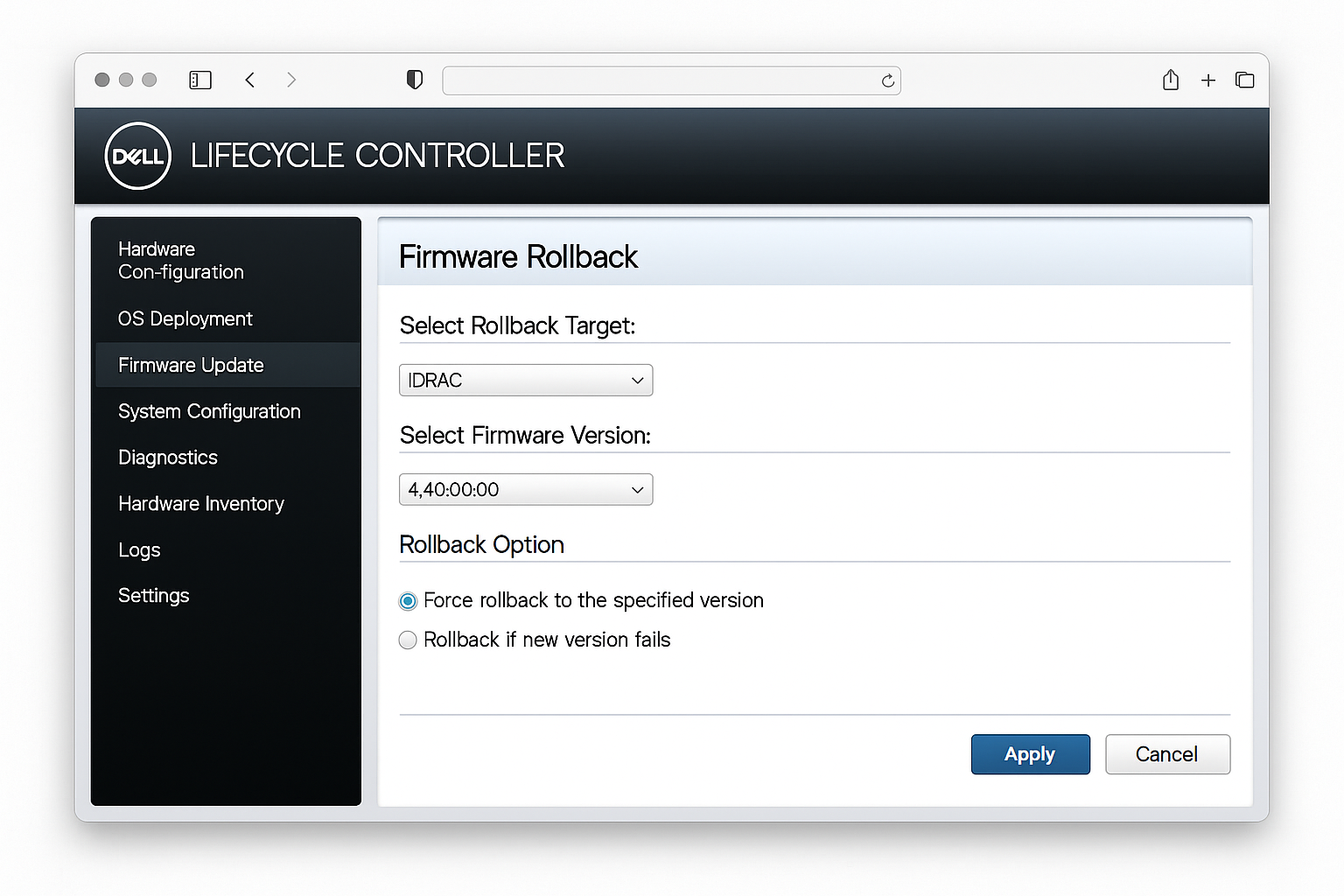 Dell Lifecycle Controller firmware update interface showing RAID controller firmware rollback options