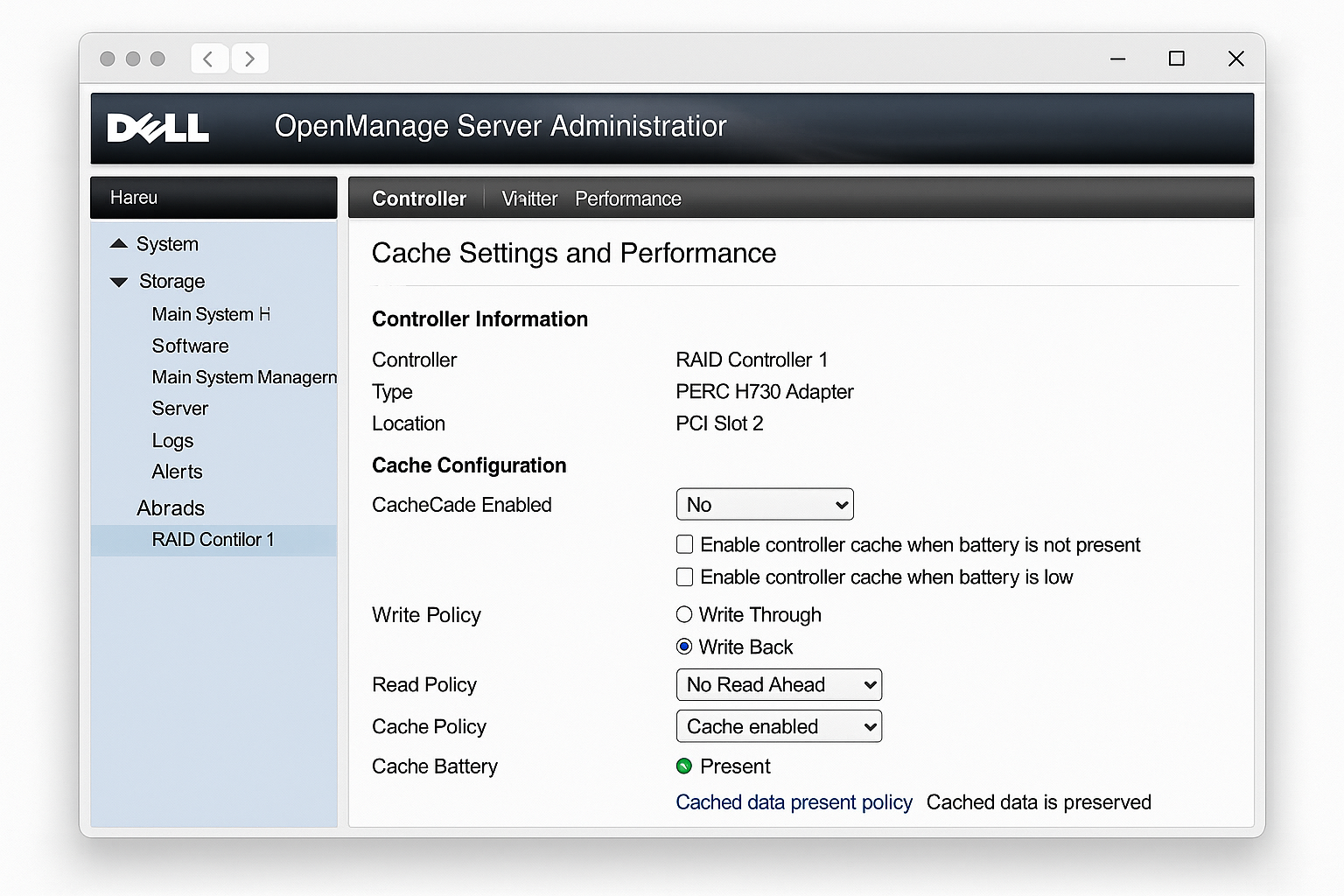 OpenManage Server Administrator showing RAID controller cache settings and performance optimization options