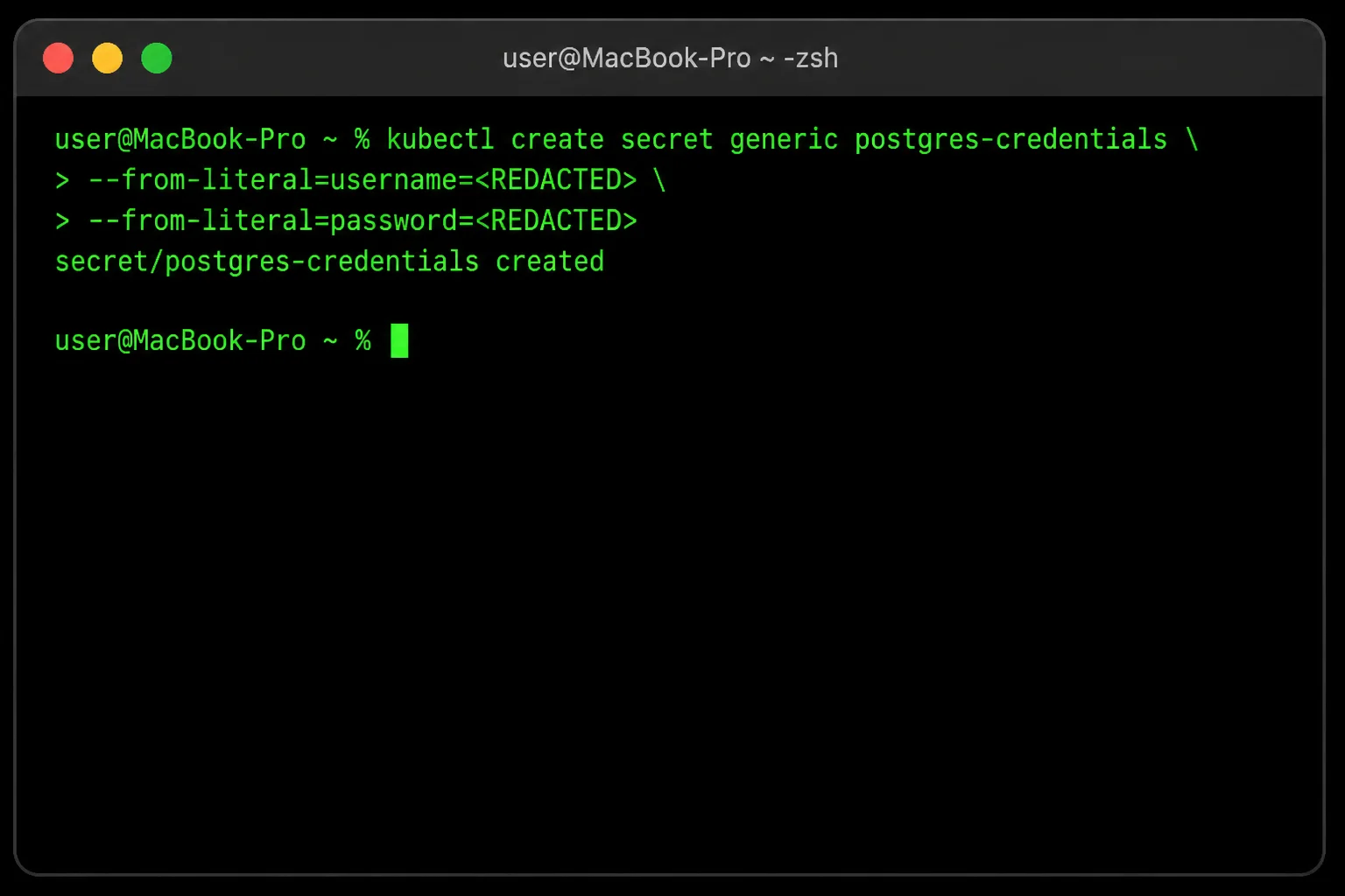 Terminal showing successful creation of postgres-credentials Secret without exposing its values
