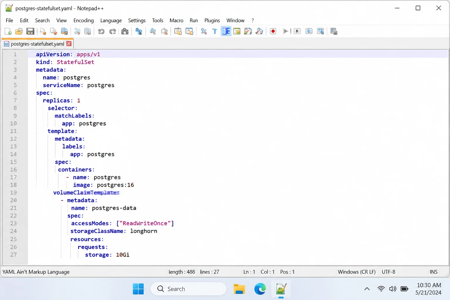 Text editor showing the PostgreSQL StatefulSet YAML with serviceName and volumeClaimTemplates highlighted