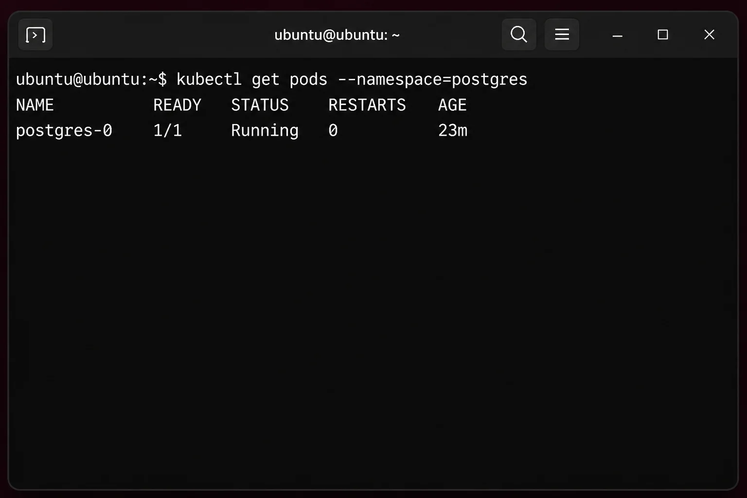 kubectl get pods output showing postgres-0 Running with ordinal pod identity highlighted