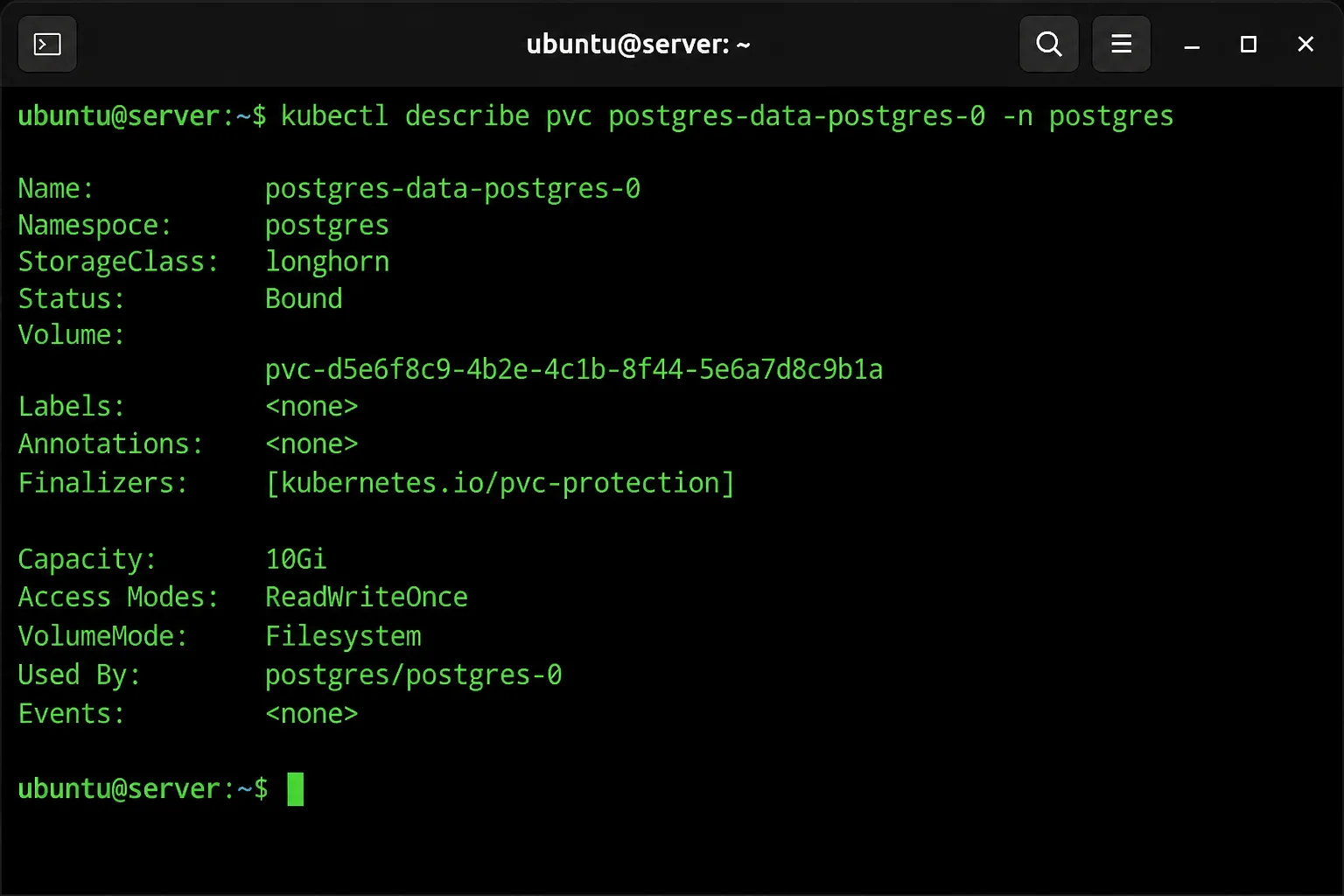 kubectl describe pvc output showing postgres-data-postgres-0 in Bound status with 10Gi capacity