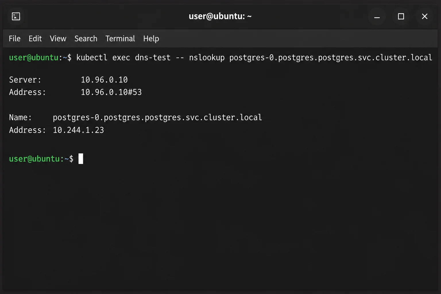 DNS lookup resolving postgres-0.postgres.postgres.svc.cluster.local to the PostgreSQL pod IP