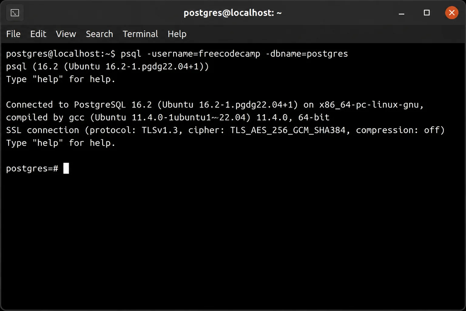 Interactive psql session inside postgres-0 showing successful connection information