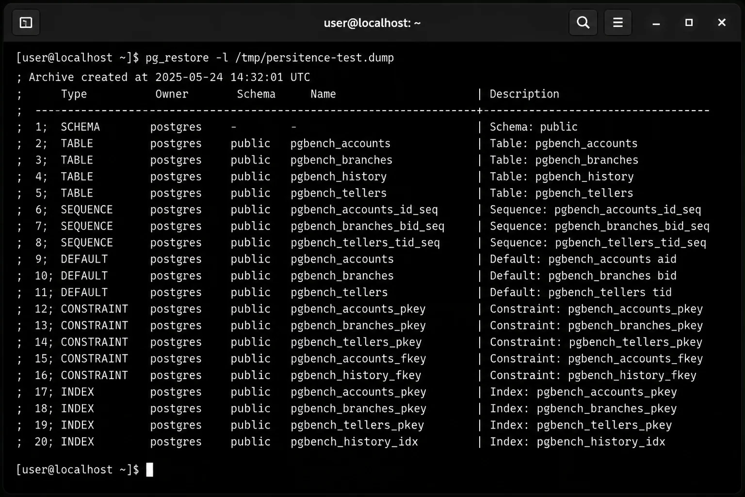 Terminal showing postgres-0 recreated, the same PVC mounted, and pg_restore listing objects from the persistence test database