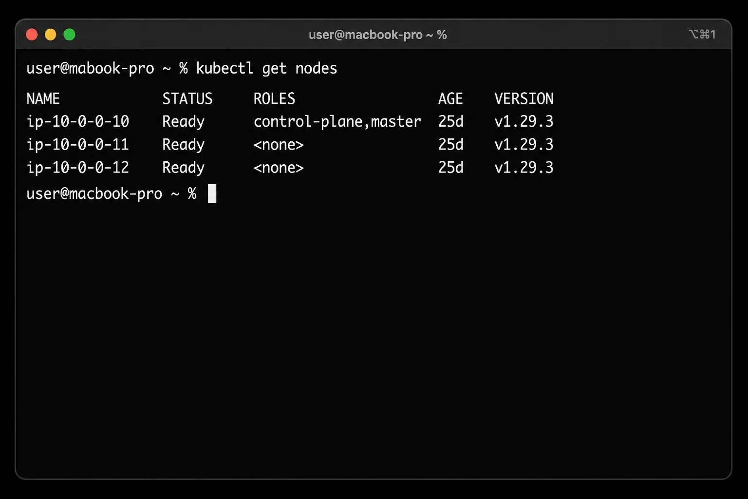 macOS Terminal window showing kubectl installed and kubectl get nodes with Ready nodes