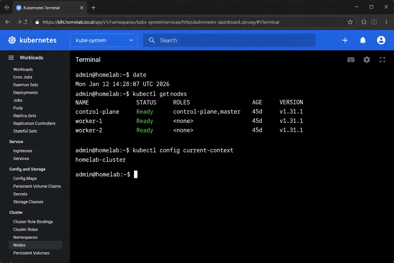 Browser-based cluster terminal showing kubectl get nodes and the active Kubernetes context