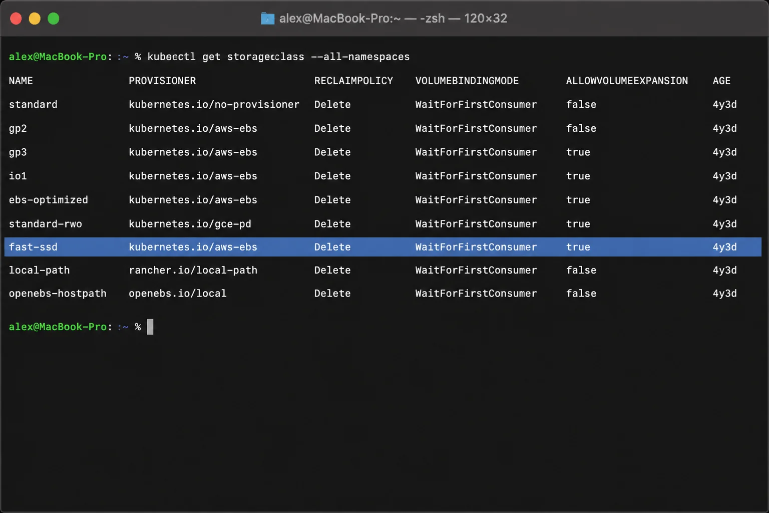 kubectl get storageclass output with the selected block storage class highlighted