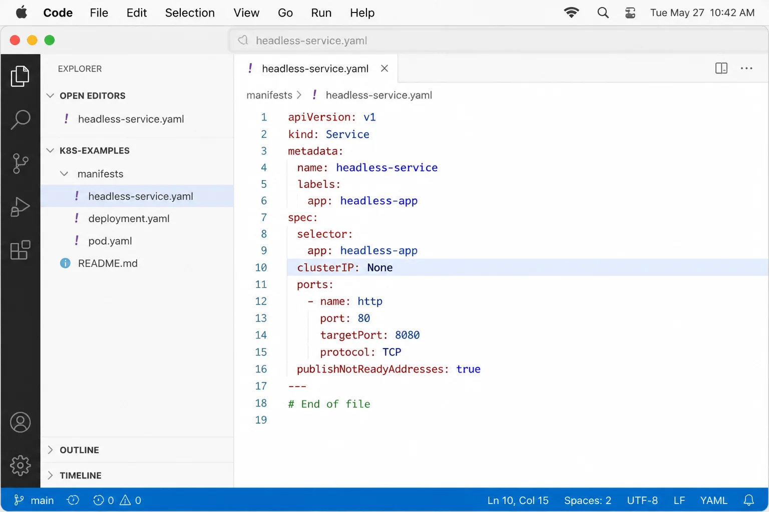 Text editor showing headless-service.yaml with clusterIP None highlighted