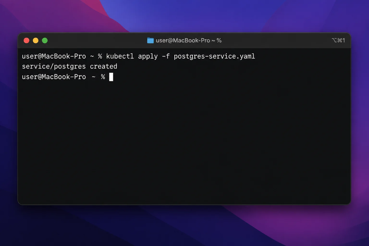 kubectl apply output showing service postgres created