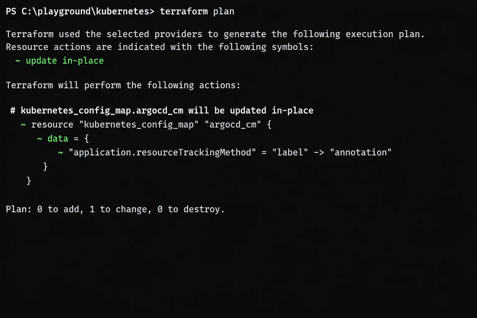 Sanitized terraform plan showing the resource address, changed field, proposed in-place action, and plan summary