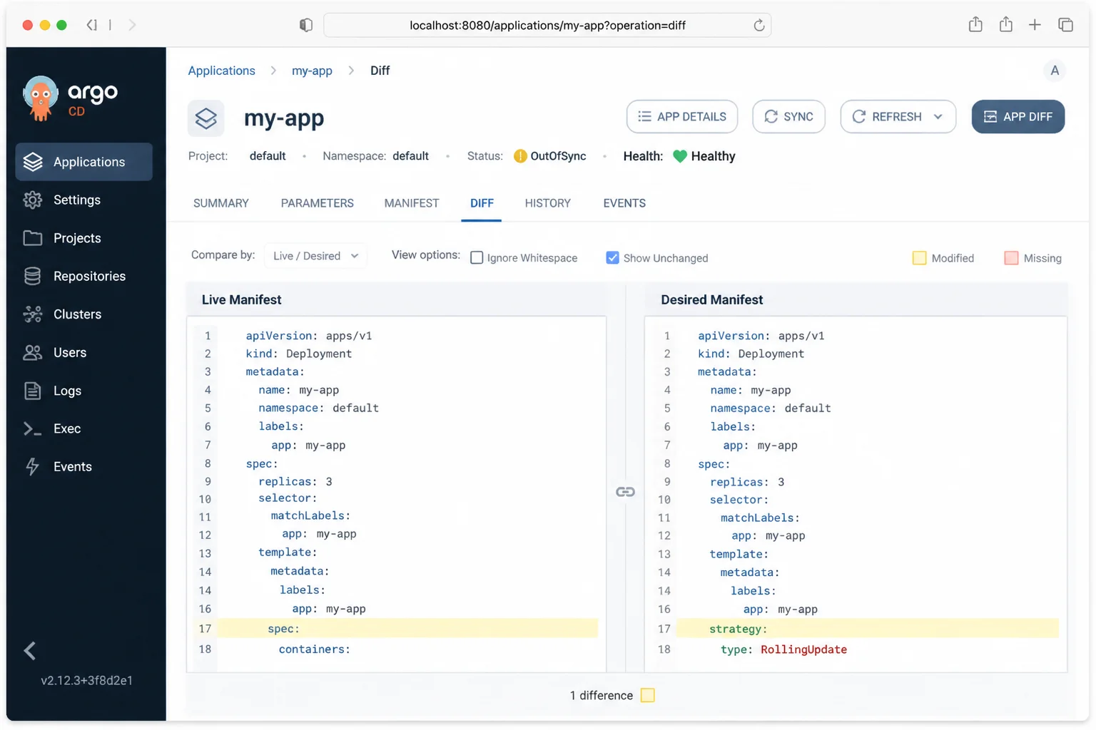 Sanitized argocd app diff my-app output with desired and live sides and one harmless changed field highlighted