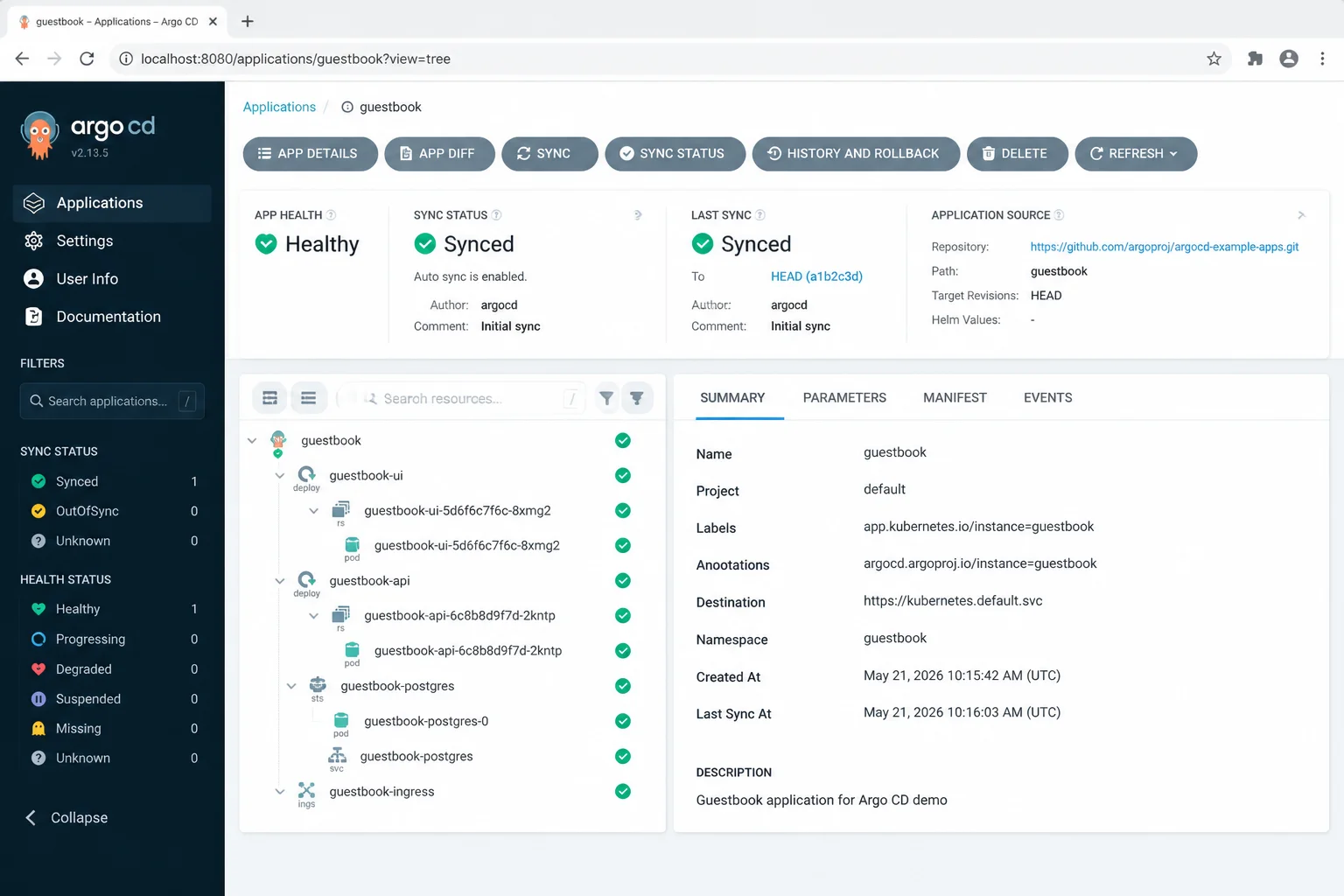 Application details page showing health, synchronization status, resource tree, and diff control
