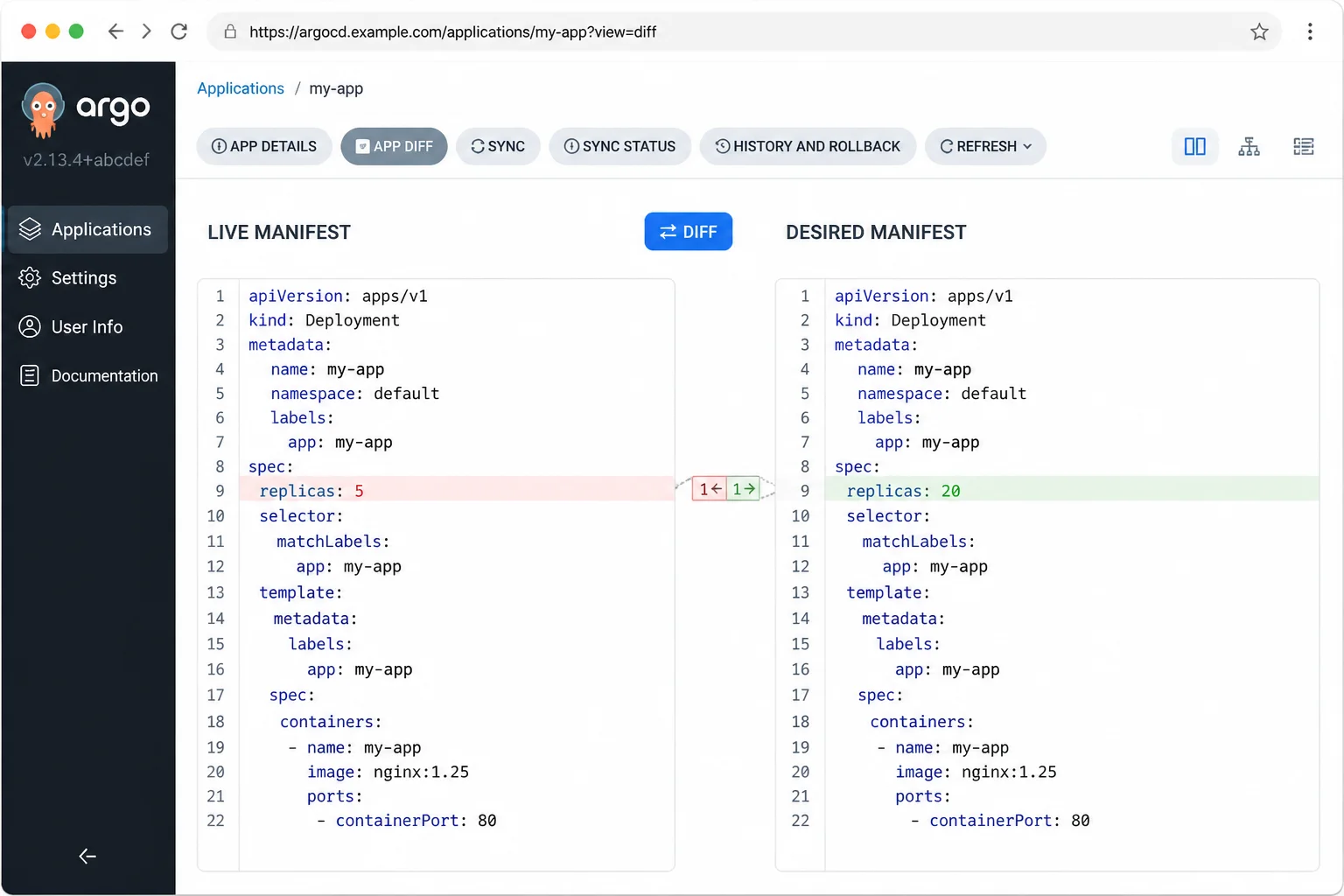 Desired-versus-live diff with one changed field highlighted and no secrets visible