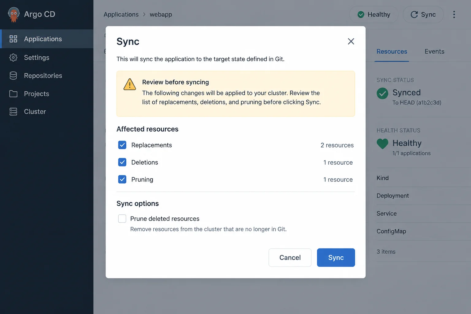 Argo CD Sync dialog with affected resources selected and a warning to review replacements, deletions, and pruning before clicking Sync