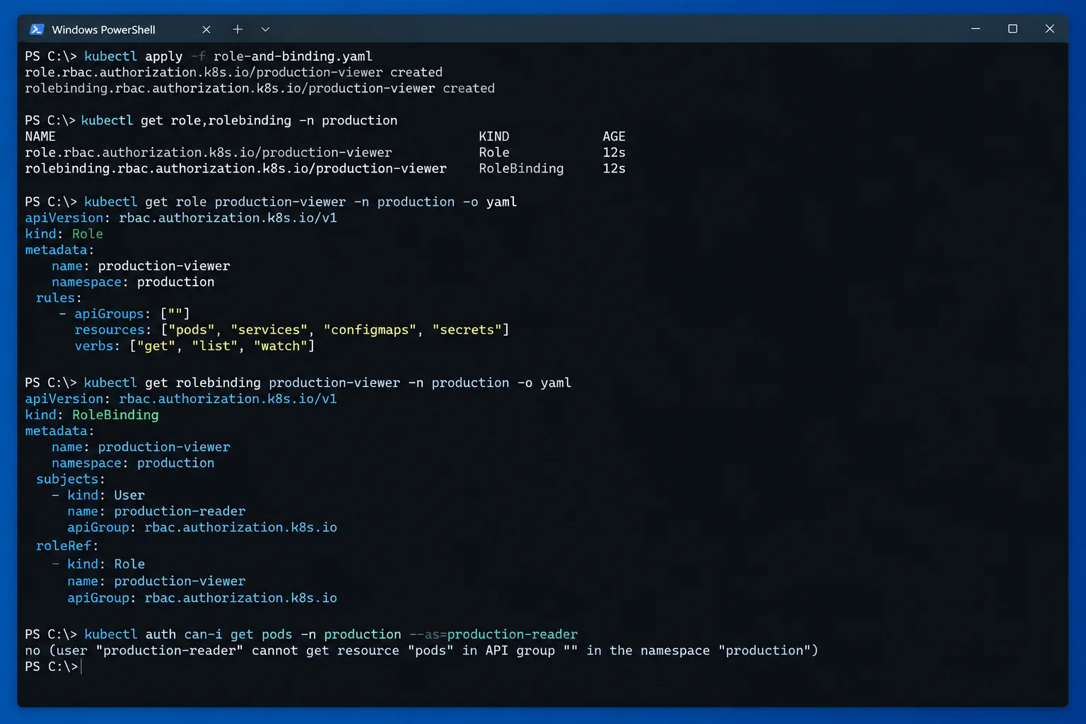 Readable production-viewer Role and RoleBinding with namespace, resources, read-only verbs, and successful can-i denial visible