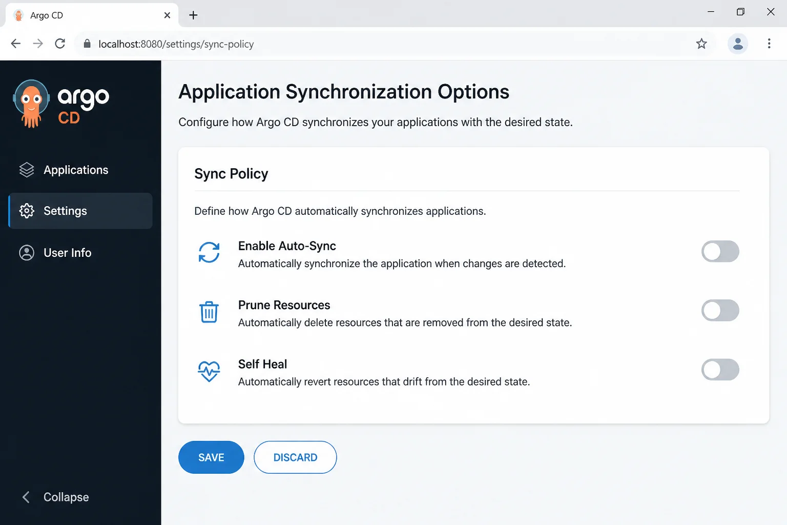 Application synchronization-policy area showing automated sync, self-healing, and pruning controls without assuming their selected state