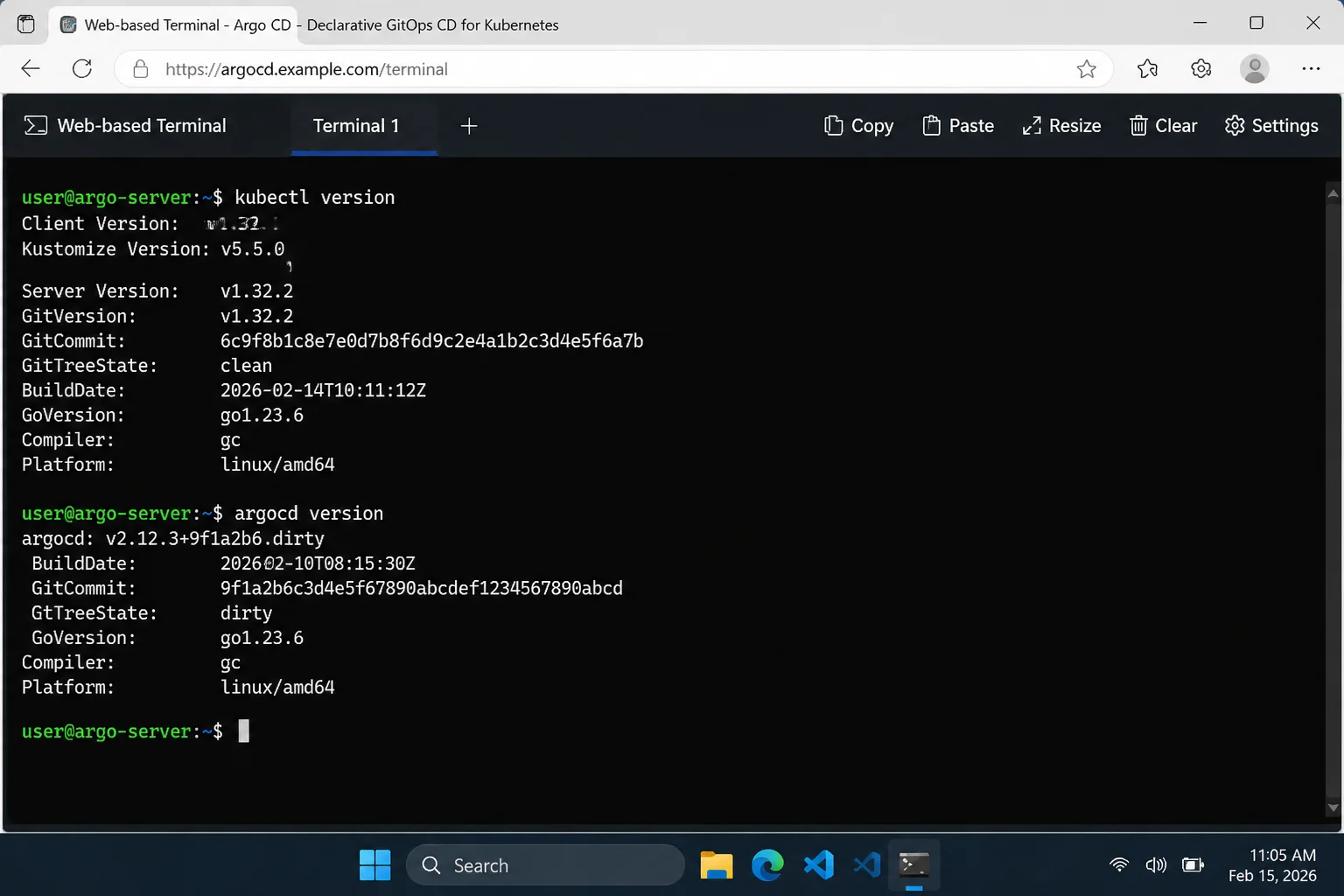 Windows Terminal showing successful kubectl, Argo CD CLI, and Terraform version checks
