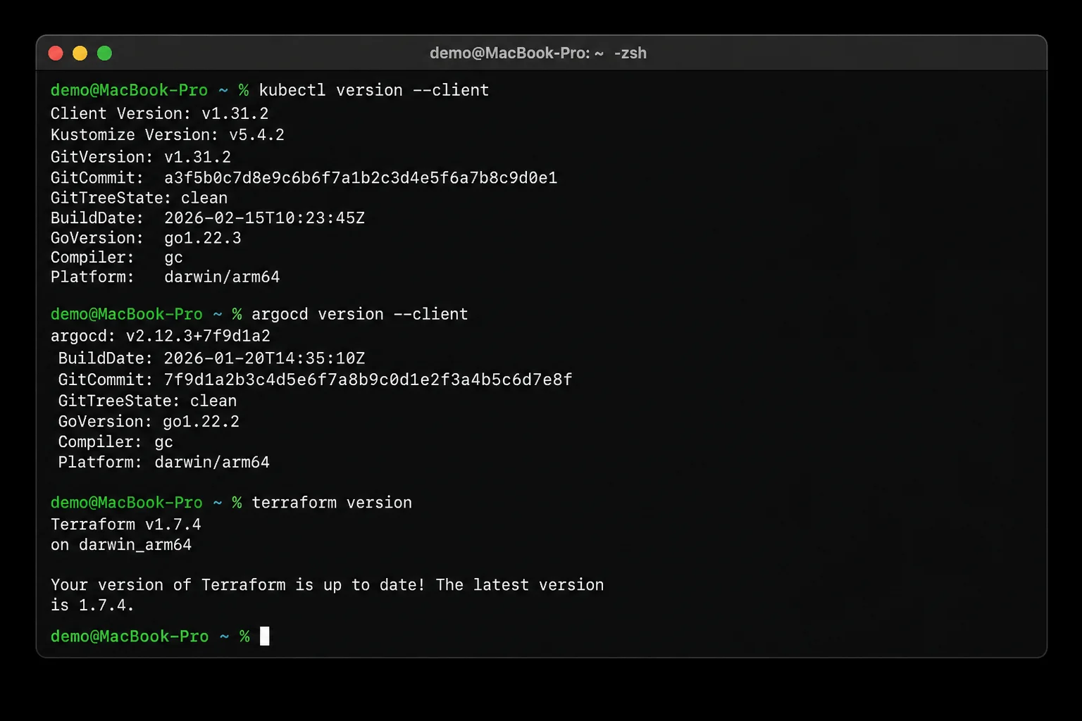 macOS Terminal showing successful kubectl, Argo CD CLI, and Terraform version checks