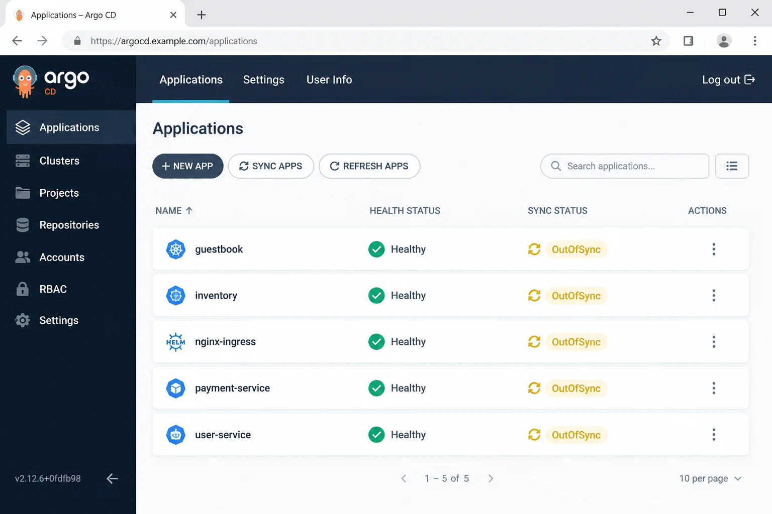 Argo CD Applications dashboard with application names, health status, and sync status visible