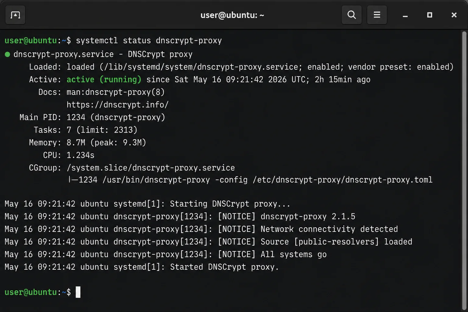 Terminal output of `systemctl status dnscrypt-proxy` showing the service in an active (running) state with the main PID visible