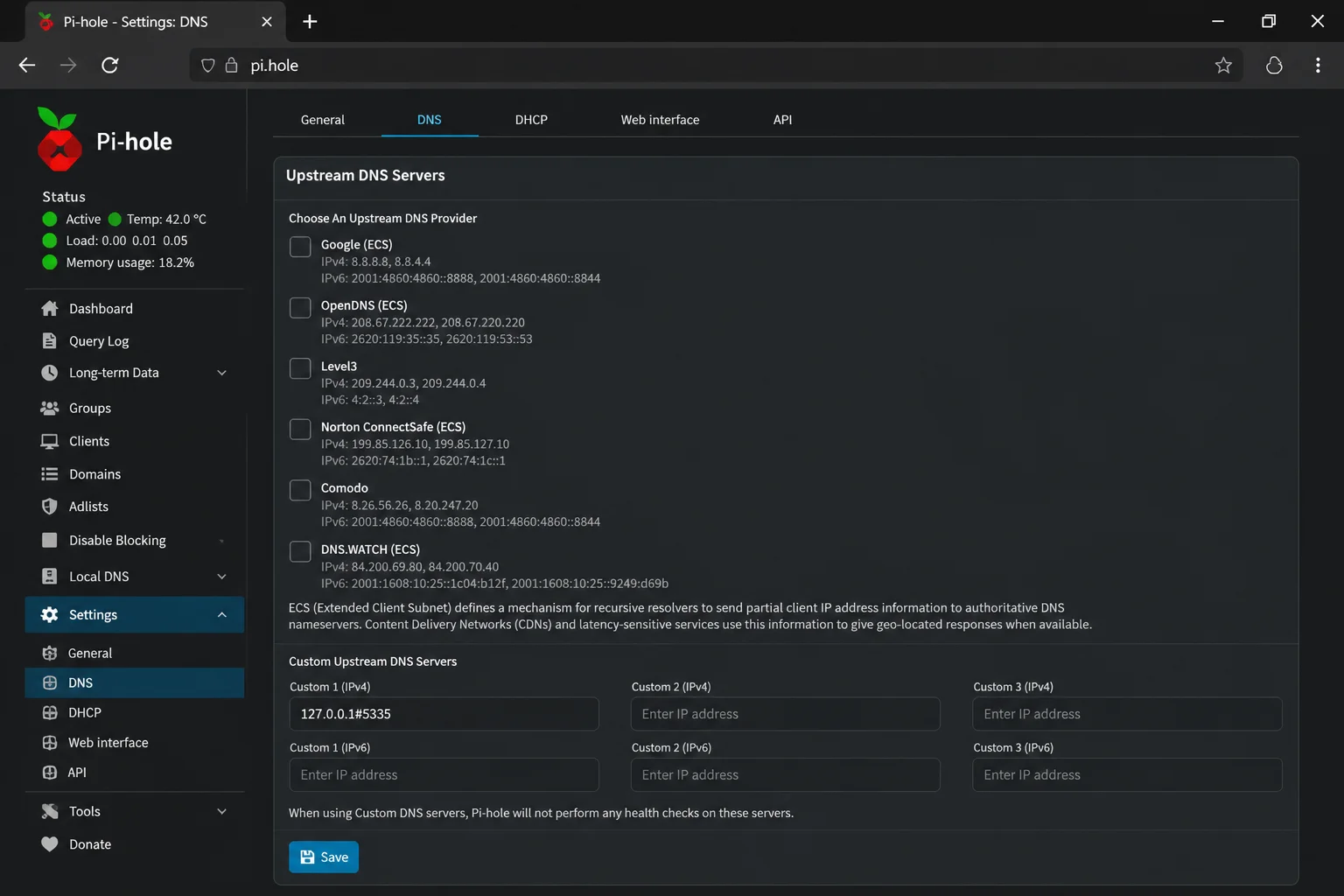 Pi-hole admin dashboard Settings > DNS tab showing the Upstream DNS Servers section with public provider checkboxes unchecked and the Custom 1 (IPv4) field filled in with 127.0.0.1#5335