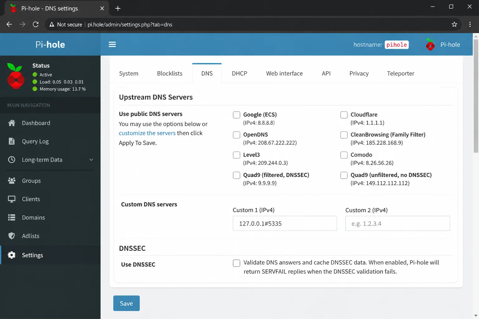 Pi-hole DNS settings page scrolled to the Use DNSSEC checkbox, shown unchecked since Unbound already handles DNSSEC validation