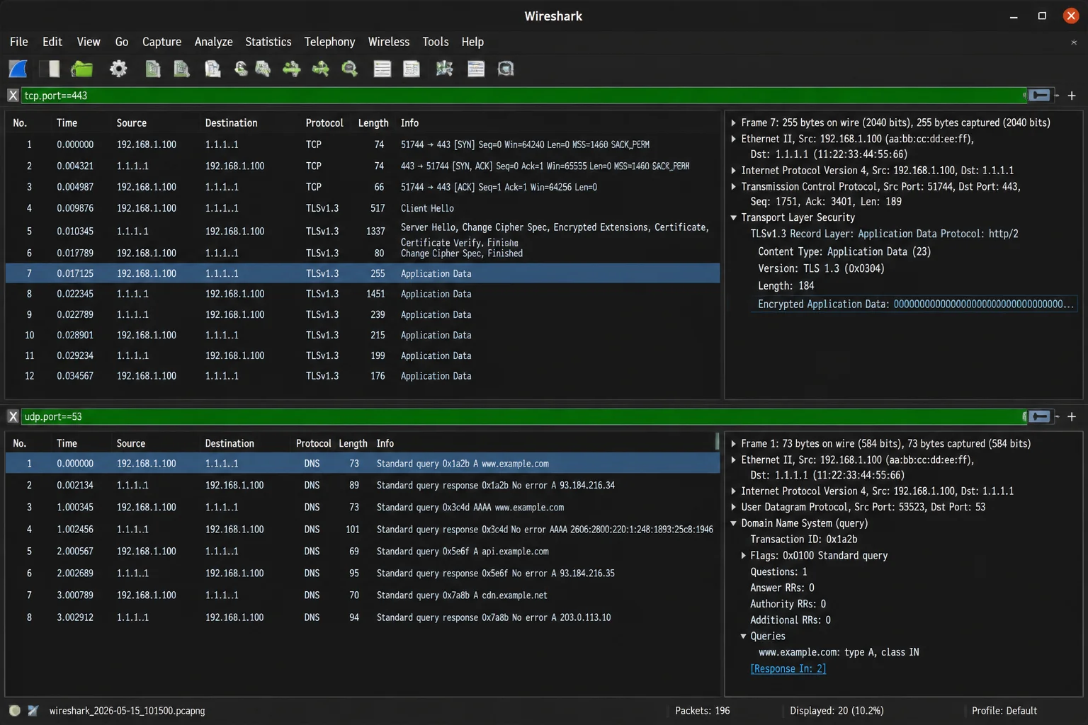 Wireshark capture window with a display filter for tcp.port==443 showing encrypted TLS Application Data packets to the DoH provider's IP, positioned next to or compared against a plaintext udp.port==53 capture showing readable domain names