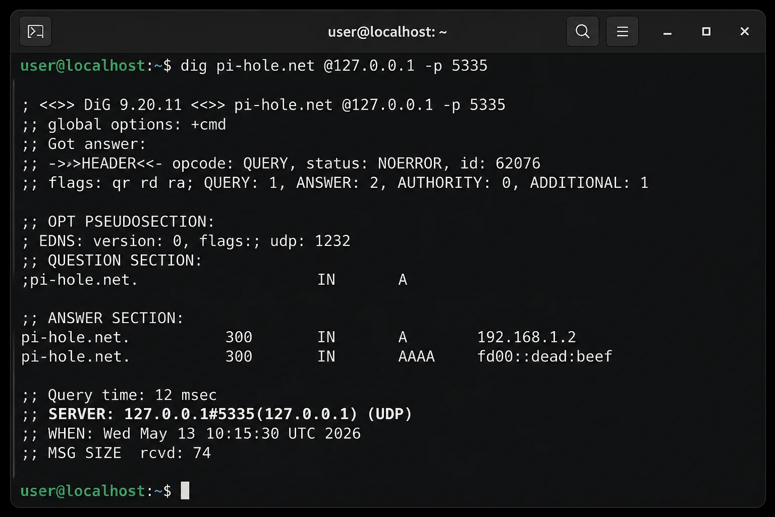 Terminal window showing a successful `dig pi-hole.net @127.0.0.1 -p 5335` command with the ANSWER SECTION and query time visible, confirming Unbound is resolving on port 5335