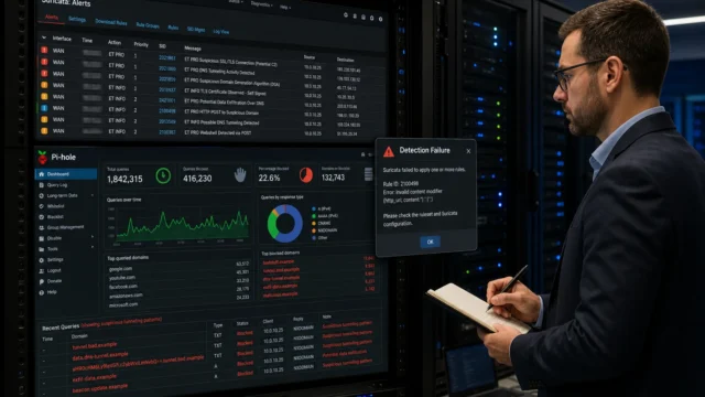 A man in a suit reviews a large network security dashboard on a wall monitor beside server racks, showing alerts and charts.