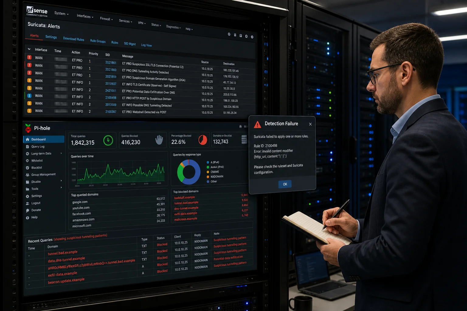 A man in a suit reviews a large network security dashboard on a wall monitor beside server racks, showing alerts and charts.