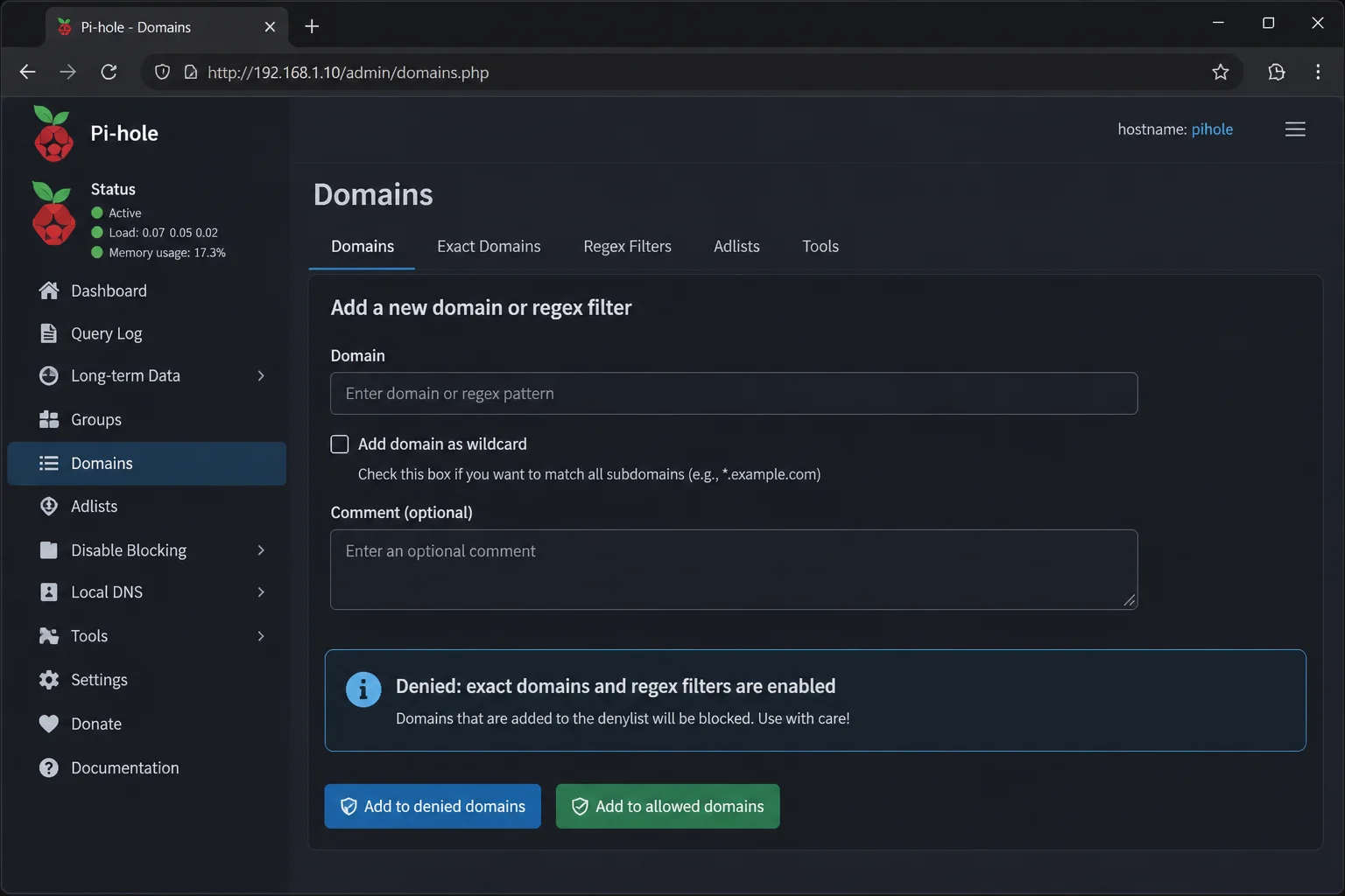 Pi-hole Domains management page showing the regex toggle when adding a new domain rule