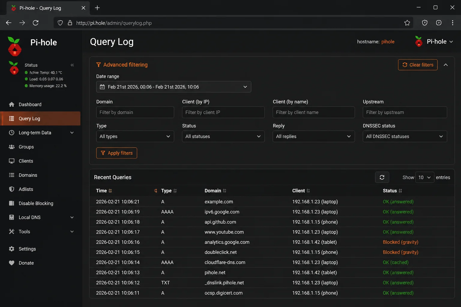 Pi-hole Query Log page with the search/filter bar and query type column visible