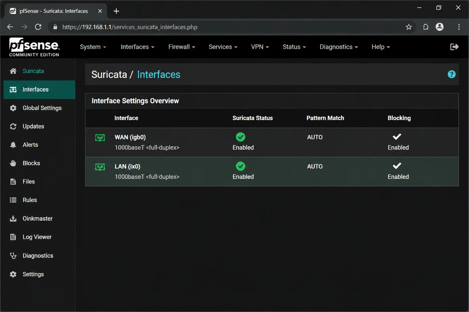 pfSense Suricata Interfaces tab showing LAN interface enabled and assigned
