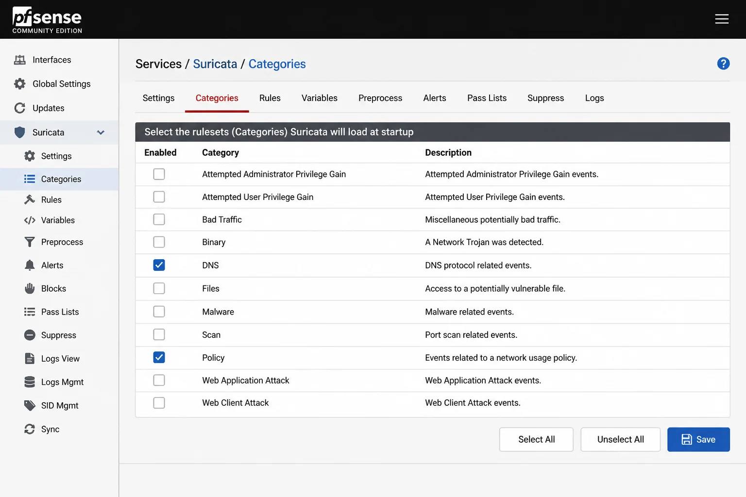 pfSense Suricata rule categories page with DNS and policy categories checked