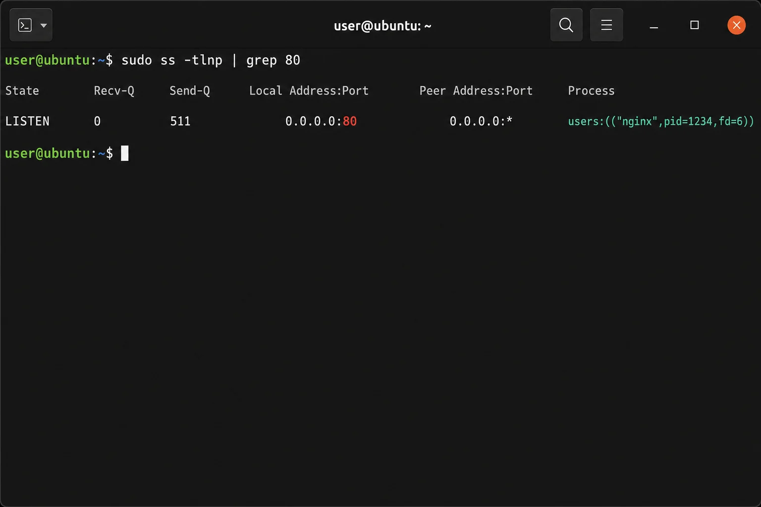 Terminal output of 'sudo ss -tlnp | grep 80' showing a process already bound to port 80 with its PID and process name visible in the output