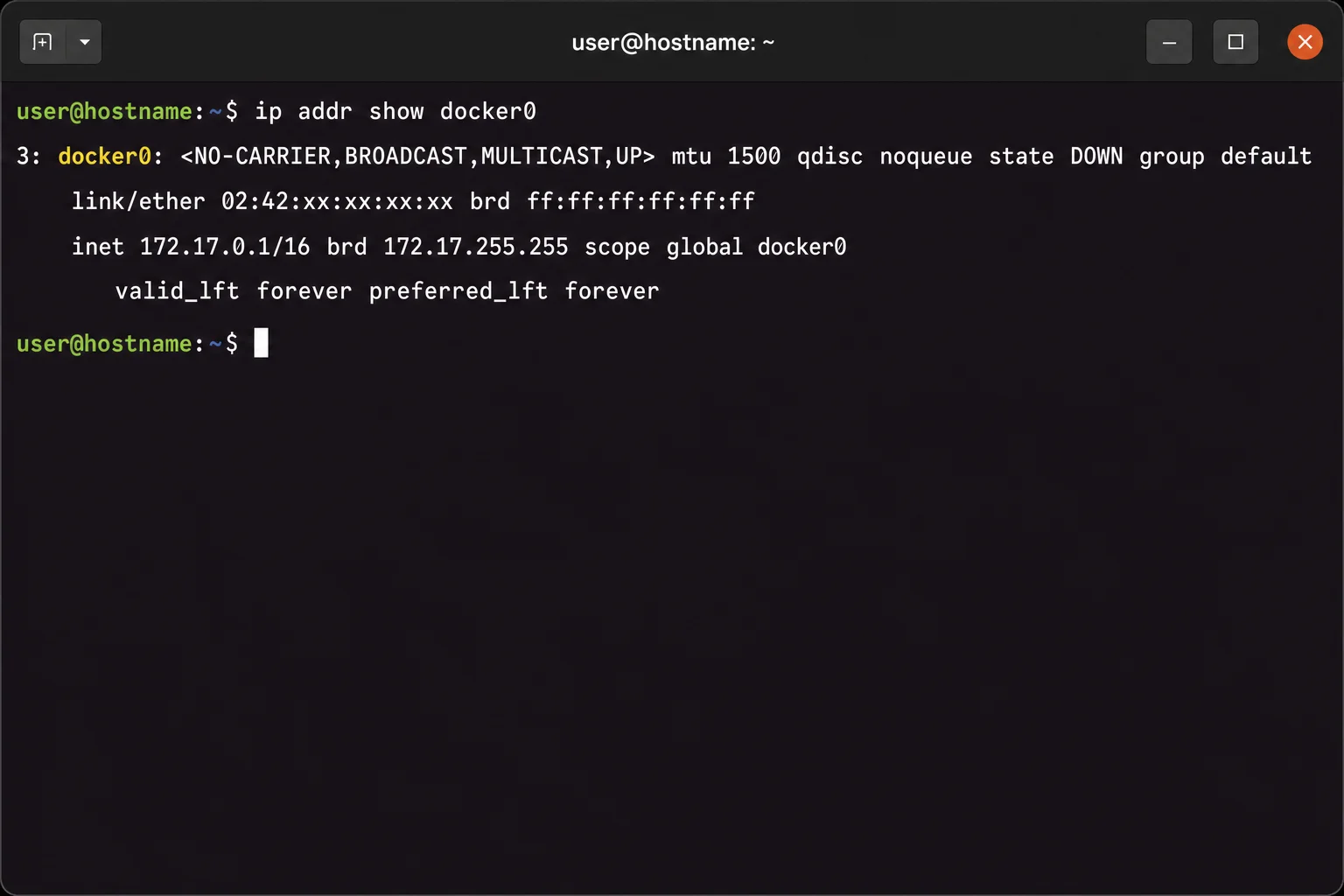 Terminal output of 'ip addr show docker0' showing inet 172.17.0.1/16 — the host's IP address as seen from containers on the default bridge network