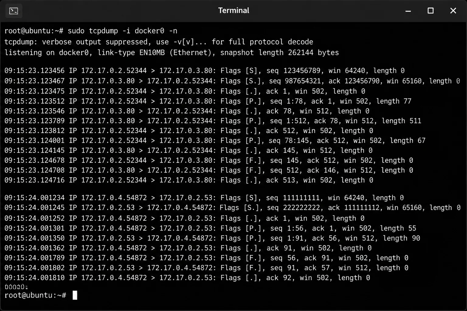 Terminal output of 'sudo tcpdump -i docker0 -n' showing packet capture on the Docker bridge interface with container IP addresses in the 172.17.x.x range visible in source and destination fields